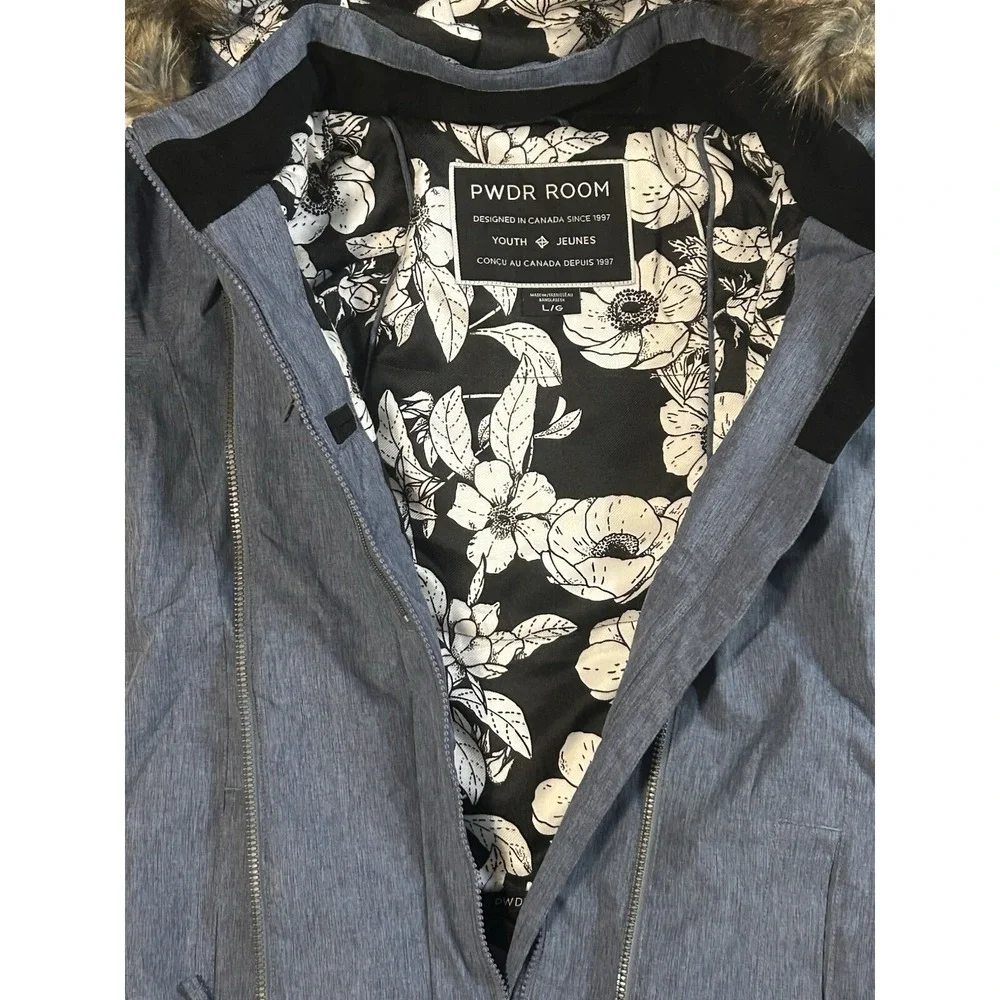 PWDR Room Blue Youth Girl Large Heathered Faux Fur Hood Ski Winter Snowboard Coa